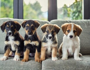 Different colored puppies golden retriever, dachshund, husky , sitting beside each other on row on...