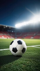 Naklejka premium Soccer ball rests on grass of green field in front of majestic lit up, creating exciting atmosphere stadium. Scene captures essence of game, ready for action, excitement. Advertising, banner, print.