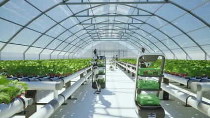 Artificial intelligence robot harvesting strawberry in the greenhouse, Future agriculture technology with smart farming concept 
