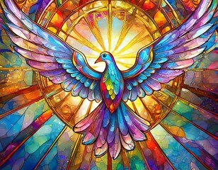 Colorful stained-glass Winged dove, a representation of the New Testament Holy Spirit for easter holidays. peace and freedom dove