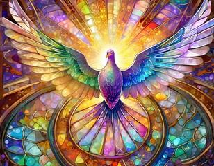 Colorful stained-glass Winged dove, a representation of the New Testament Holy Spirit for easter holidays. peace and freedom dove