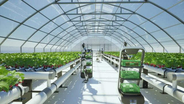 Artificial intelligence robot harvesting strawberry in the greenhouse, Future agriculture technology with smart farming concept 