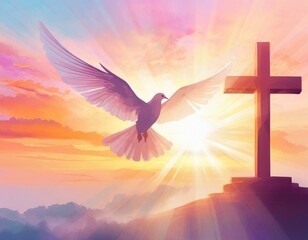 Winged Dove flying in front of the cross at sunset. Christian concept