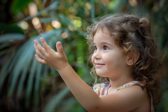 Little Girl Holding Her Hand Up In The Air 