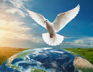 Dove flying over earth. World peace concept. digital painting, concept for freedom and peace and joy in the world