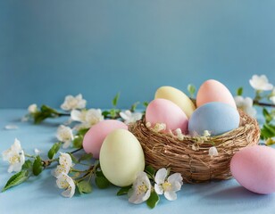 Colorful traditional painted easter eggs in a basket on rustic background. empty space for banner or logo. happy easter days concept