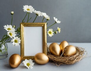 Naklejka na ściany i meble Gold colored Easter eggs with flowers on a grey background and empty frame, minimal creative concept with empty space for banner