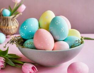 Easter eggs painted in pastel colors in a bowl on a pink background 