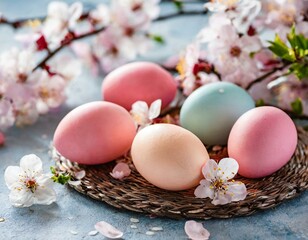 Obraz na płótnie Canvas Colorful pastel Easter eggs with spring blossom flowers on soft background with space for banner for happy easter time