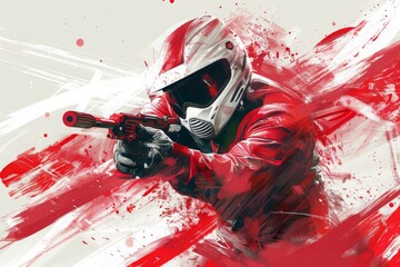 Dynamic illustration of a futuristic motorcyclist in a red suit racing forward, symbolizing speed, adrenaline, and the thrill of extreme sports
