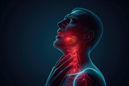 Illustration of a man with visible throat anatomy in neon lighting, suitable for medical tutorials, health care publications, and educational content on human anatomy. High quality illustration