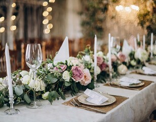 wedding table decor inspiration for wedding reception, very elegant with flower in rustical boho style, with candles and white plates and fresh roses