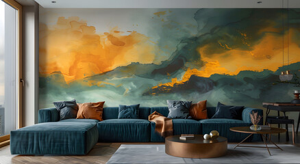 A cozy living room with a blue couch under a large painting depicting a serene landscape with a cloudy sky and water - obrazy, fototapety, plakaty