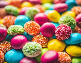 Fototapeta premium table background full of colorful vibrant candies. sugar addiction concept.