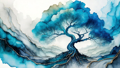 Drzewo abstrakcja, akwarela niebieski i biel - obrazy, fototapety, plakaty