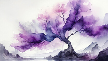 Drzewo abstrakcja, akwarela fiolet i biel - obrazy, fototapety, plakaty