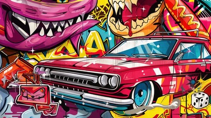 A detailed graffiti drawing is depicted, showcasing cartoon characters, an evil cat muzzle, letter graffiti, a hot dog, dice, and a red lowrider car, forming a conceptual street art background