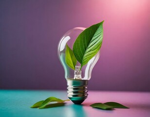 Green energy concept, light bulb with leaves, set against modern pink and violet hues