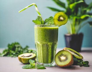 green smoothie with kiwi in a glass for healthy lifestyle full with vitamins, nutrition concept