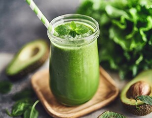 green smoothie with kiwi in a glass for healthy lifestyle full with vitamins, nutrition concept