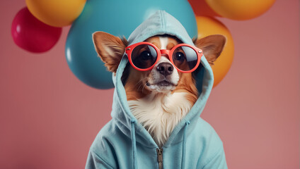 fashionable dog with sunglasses and hoodie elegant, mammal - obrazy, fototapety, plakaty