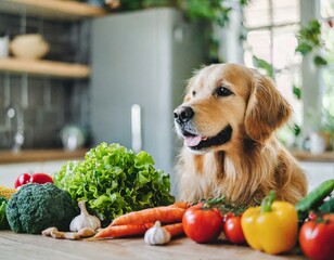 Golden retriever dog in kitchen looking at fresh vegetables. Healthy, nutritious food for pets
