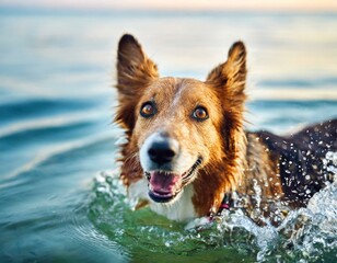 Playful dog swimming in clear water. Closeup shot with pets joy and excitement. Outdoor activity for health and fitness for dog, bounding between dog a the owner.