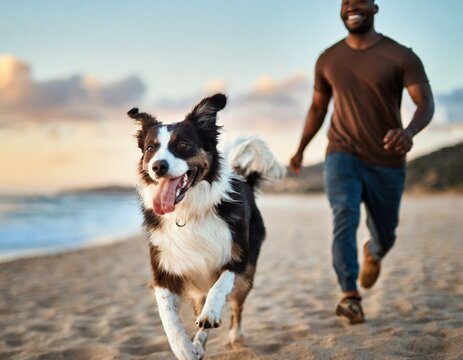 Playful dog running with owner on sandy beach. Friendship between a dog and a human. Sport activity with dog on the beach. dog on vacations.