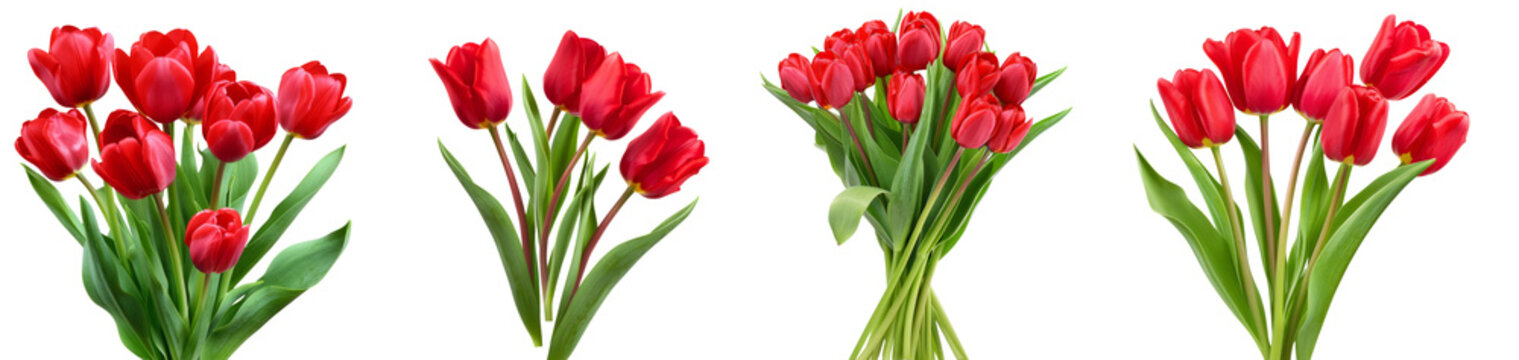 A collection of beautiful red-colored, freshly picked tulips with their green stalks on a transparent background. Created with Generative AI.