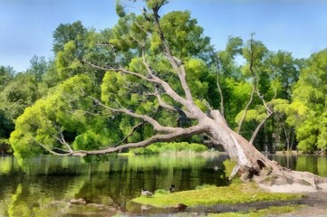 Illustration of a Group of brown willow trees with green fresh leaves and birds are by a pond on a blurred background in a park in spring