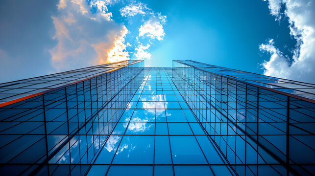 Modern office building with blue sky, and glass facades. business activity concept, Bottom-up view, blurred image