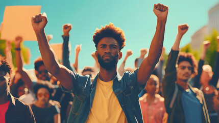 African American man marching in protest with a group of protestors with their fist raised in the air as a sign of unity for diversity and inclusion - obrazy, fototapety, plakaty