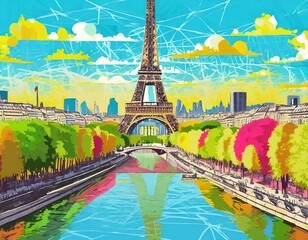 France Olympic games concept. colorful illustration in colors of french flag, runners enjoying the movement with the Eifel tower in the background.  - obrazy, fototapety, plakaty