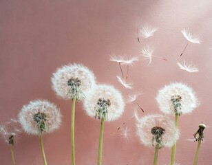 Fluffy dandelions in the wind illustration in gray beige pastel colors