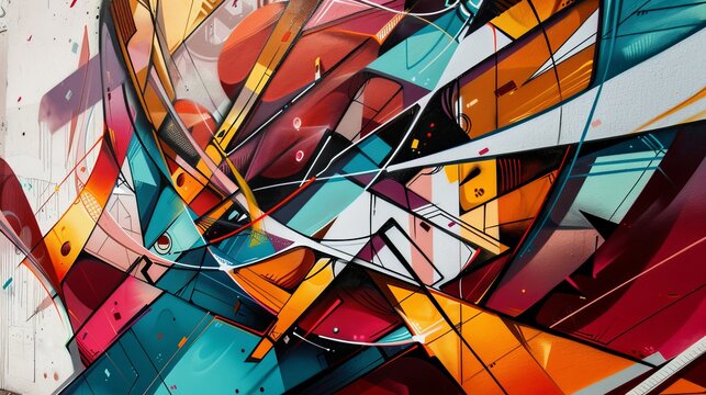 Stunning street art features abstract, creatively drawn images in fashionable colors adorning city walls, reflecting urban contemporary culture