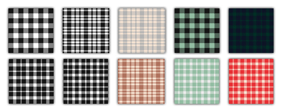 Plaid icons. Plaid pattern set. Flannel shirt pattern. Lumberjack plaid seamless pattern collection.