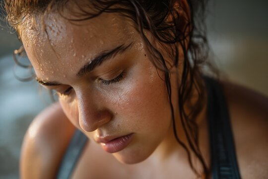 Young confident overweight plus size woman sweating after fitness exercise