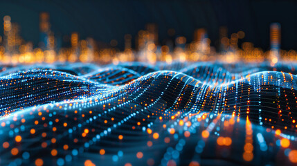 Abstract Digital Network: Futuristic Mesh and Wave Patterns in Blue, Symbolizing Advanced Technology and Big Data Analysis