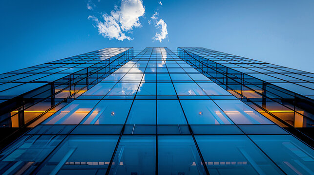 Modern office building with blue sky, and glass facades. business activity concept, Bottom-up view, blurred image
