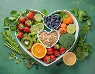 A vibrant photo showcasing a heartshaped bowl filled with nutritious diet foods, including fruits, vegetables like kiwis orange, berries