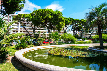 Awe Panorama of left part of Croisette (no people) luxury park with large fantastic palm trees,...