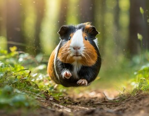 happy guinea pig running in the garden in summer, guinea pig need for movement 