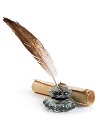Ancient paper scroll with feather and ink bottle isolated on a white background