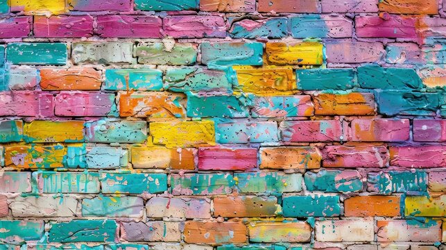 The background presents a colorful brick wall