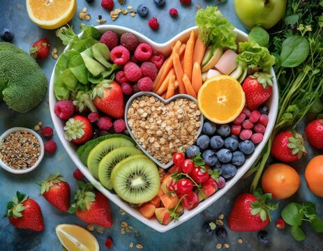A vibrant photo showcasing a heartshaped bowl filled with nutritious diet foods, including fruits, vegetables like kiwis orange, berries