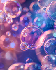 Minimal sparkling purple background of soap bubbles everywhere, floating in the air, transparent water balls.