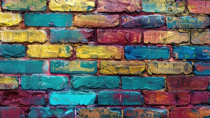 The background texture features a colorful brick wall