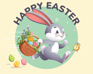 Happy Easter greeting card with cute white bunny and eggs. Vector illustration