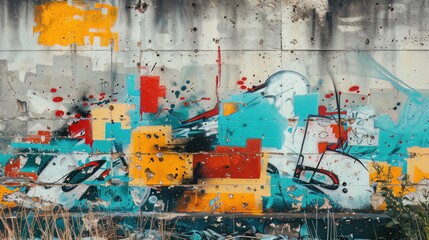 The concrete wall showcases abstract graffiti artwork. It serves as a background texture