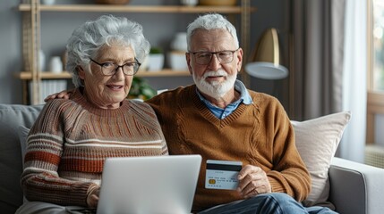  happy senior couple doing online shopping on the internet laptop at home.